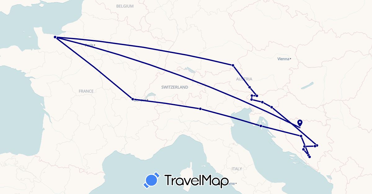 TravelMap itinerary: driving in Austria, Bosnia and Herzegovina, Germany, France, Croatia, Italy, Slovenia (Europe)